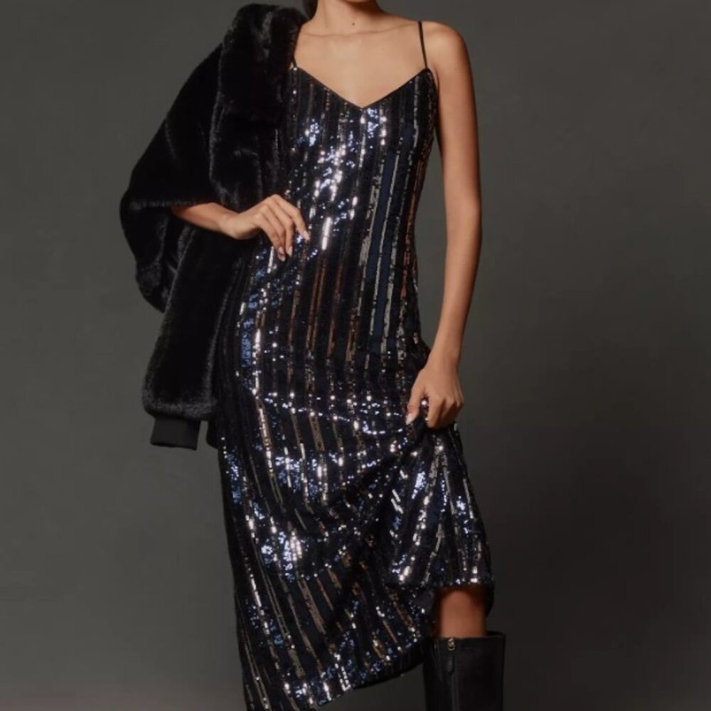 Maeve Spaghetti Strap Navy Silver Sequin Striped Midi Dress Size XXS